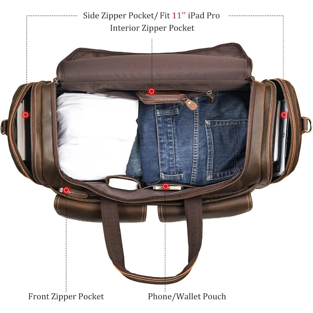 Polare 23" Duffel Retro Thick Full Grain Cowhide Leather Gym Weekender Overnight Luggage Bag 42L