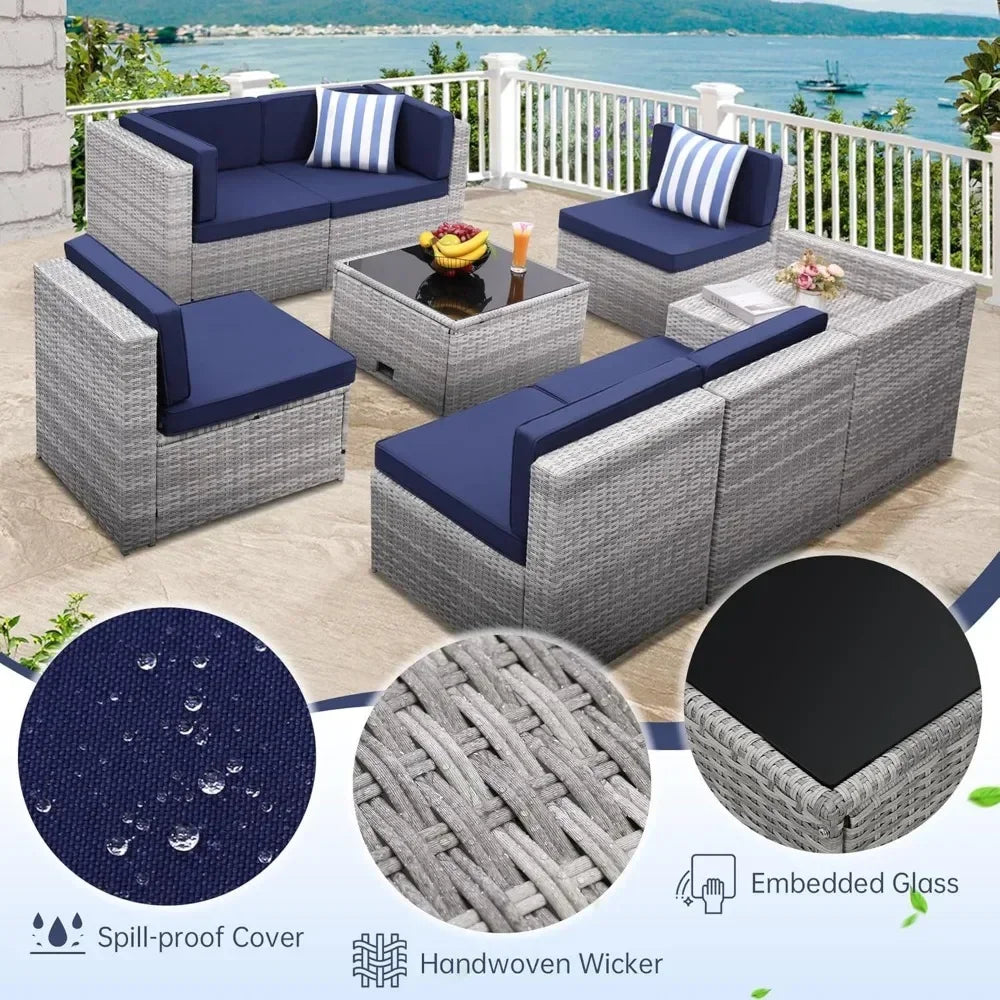 8-piece Outdoor Rattan Patio Furniture Segmented Set, Glass-topped Table with Hidden Storage, Grey Rattan with Blue Padded Mats