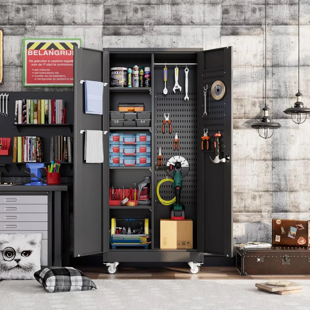 Black Rolling Garage Storage Cabinet with Adjustable Shelves and Lockable Metal Tool Cabinet, Including Pegboards Customized