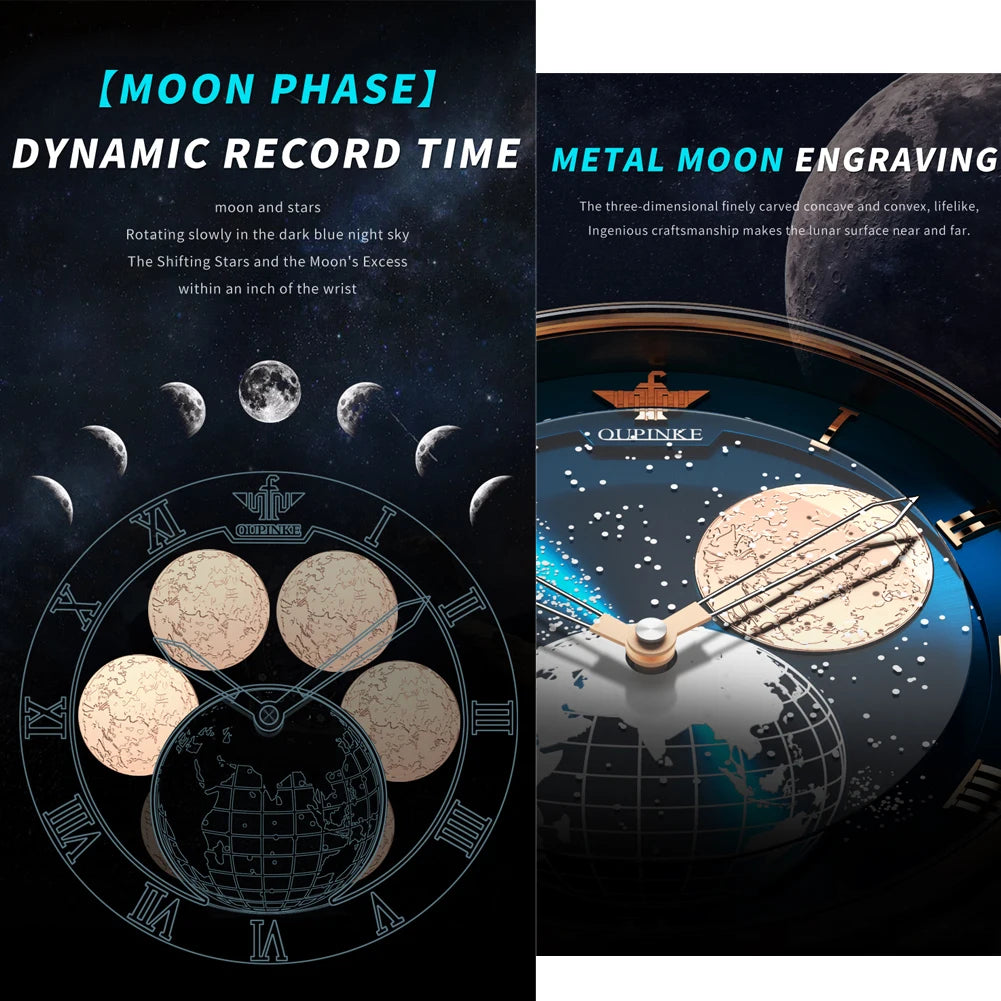 OUPINKE Moon Phase Watch for Men 3D Earth Starry Star Rotating Dial Automatic Mechanical Watches Luxury Brand Men's Moonswatch