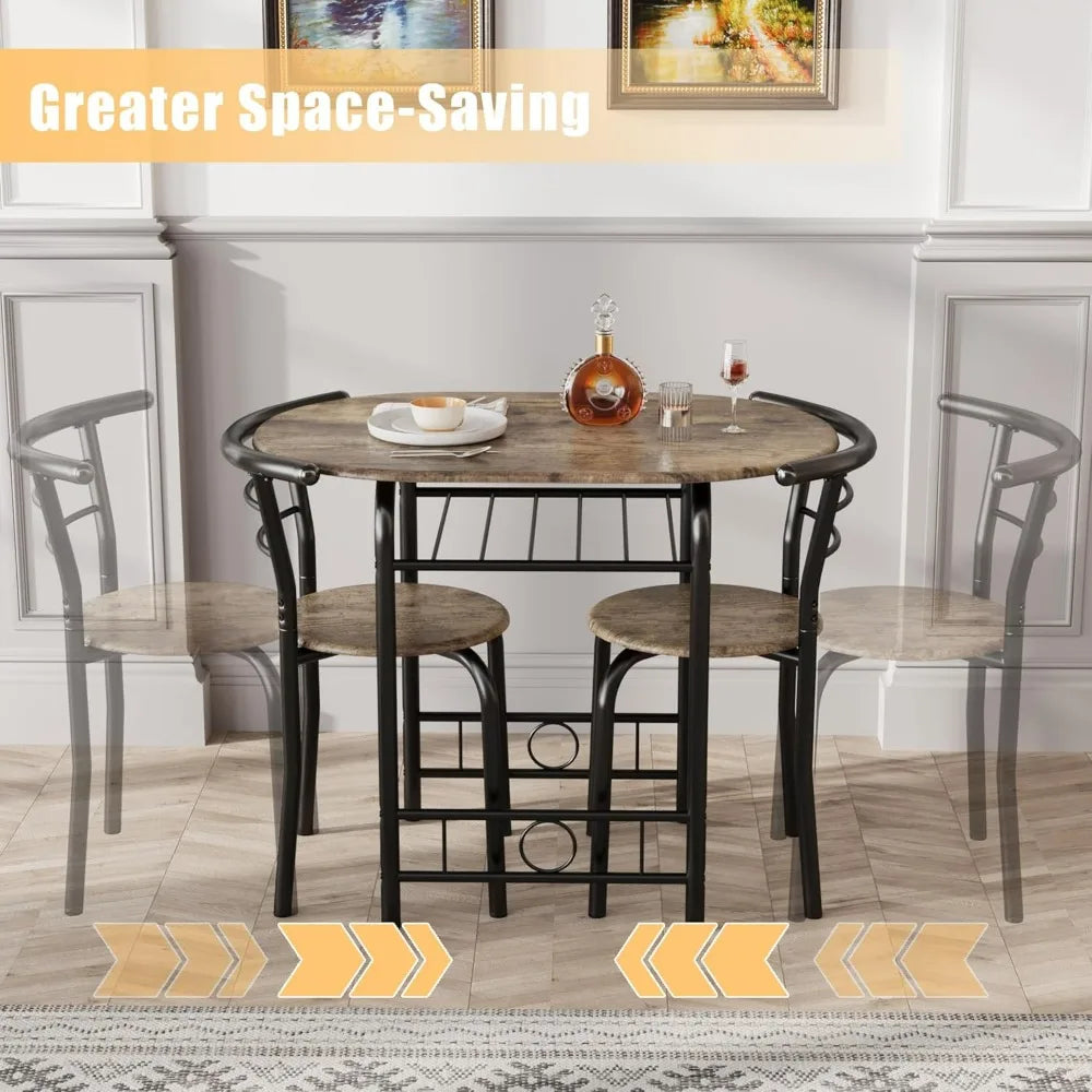 Wooden Round Table & Chair Set, Space Saving Kitchen Breakfast Nook Wood Grain Tabletop with Metal Frame