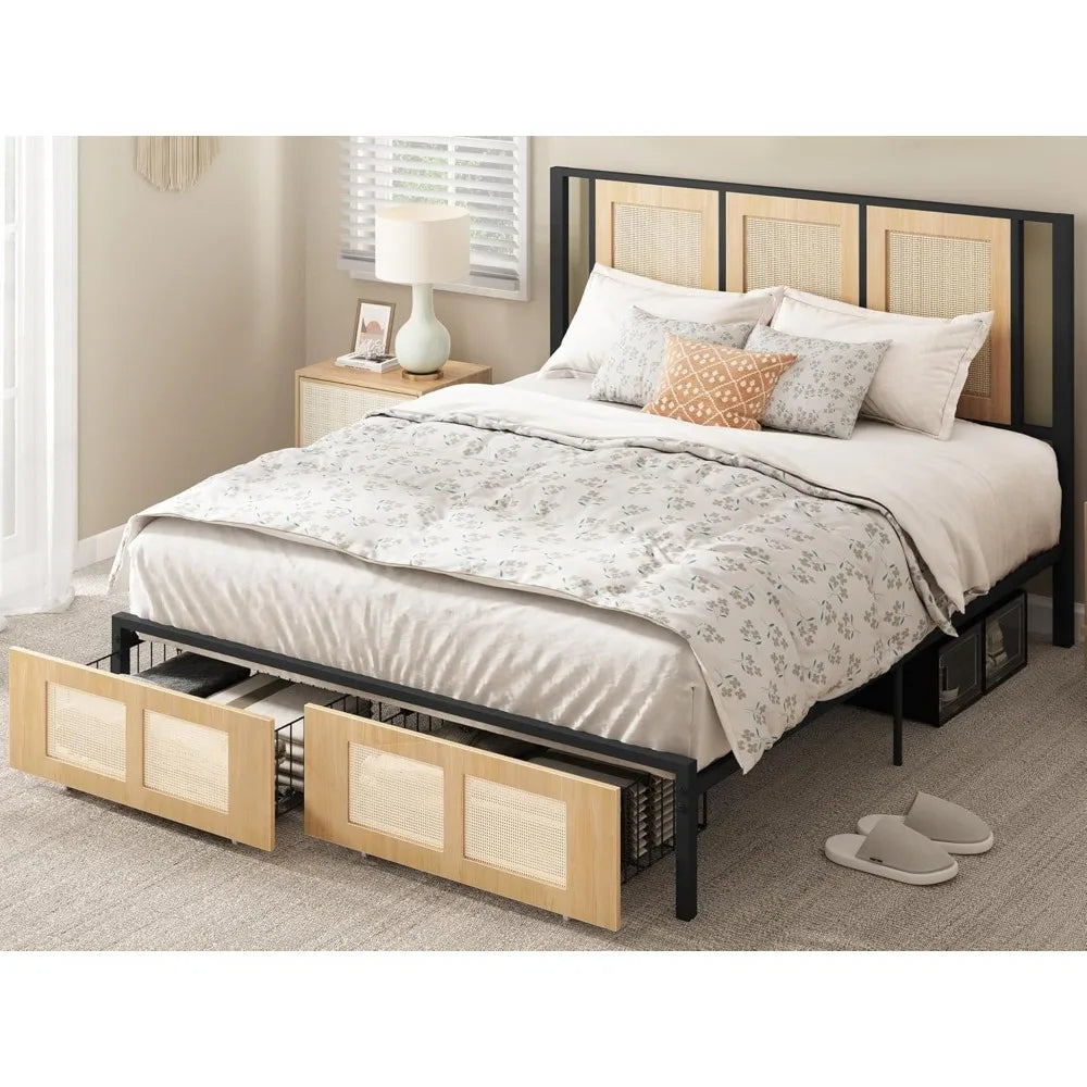 Queen Size Rattan Bed Frame with Headboard, Footboard, and Storage Drawers - Boho Style Cane Platform Bed