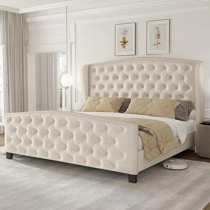 Velvet Wingback Queen Bed Frame with Deep Button Tufted Platform and Wood Slat Support, No Box Spring Needed.，Customized