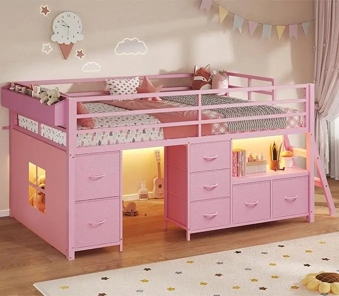 Low Loft Bed Twin Size with 7 Storage Drawers, Bookcase and LED Lights, Metal Kids Loft Bed with 14" H Safety Guardrail,Incline