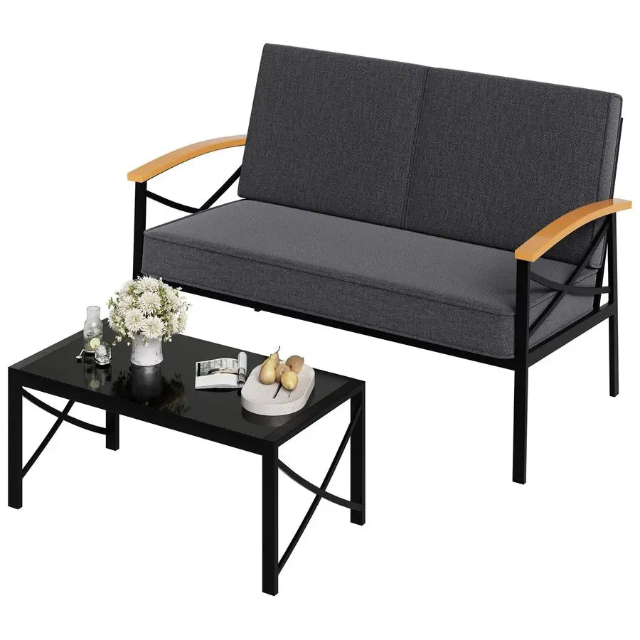 2 Pcs Patio Conversation Set with Coffee Table,Metal Outdoor Patio Furniture Set with Washable Thick Cushions,Loveseat, Patio Se