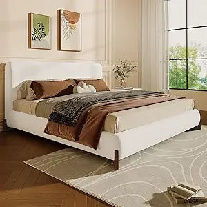 Merax King Bed Frame and Headboard, Boucle Upholstered Bed Platform Bedframe, No Box Spring Required, Noise Free, White