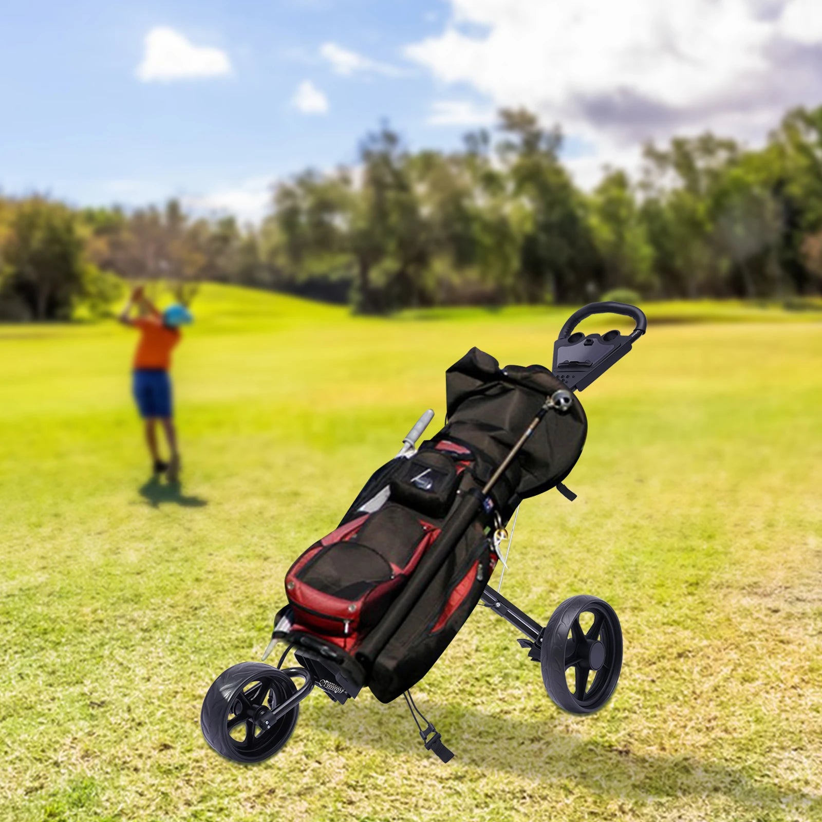 Golf Push Cart Ball Storage Rack 3 Wheel Foldable/Collapsible Golf Push Cart with Foot Brake Open and Close in ONE
