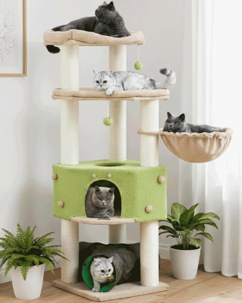 Extra Large Cat Tree Tower for Indoor Cats - Multi-Level Scratching Post with Hammock & Tunnel, 60 Inch XL Feline Bed