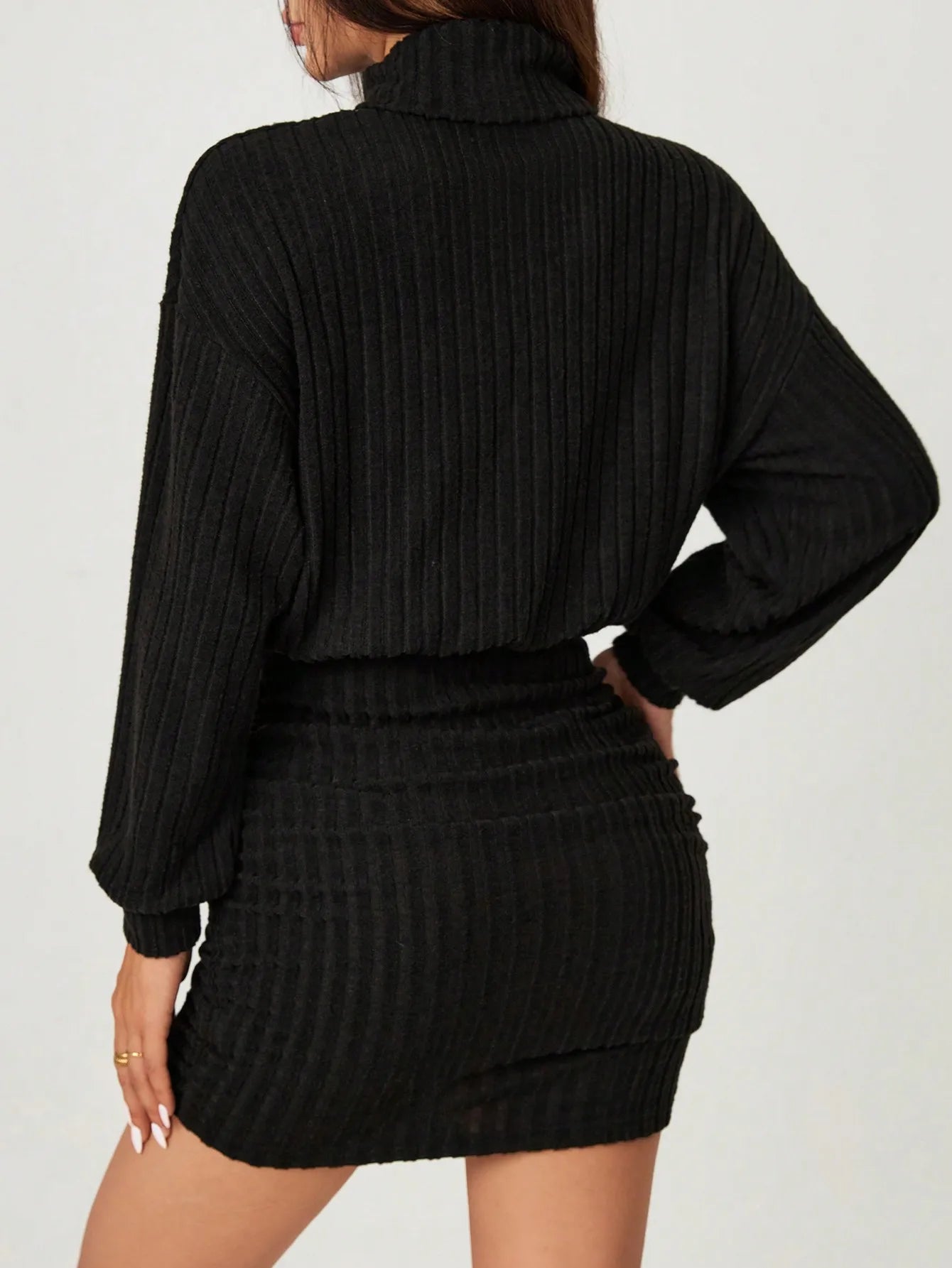 Turtleneck Drop Shoulder Ruched Bodycon Dress,Business Casual Woman