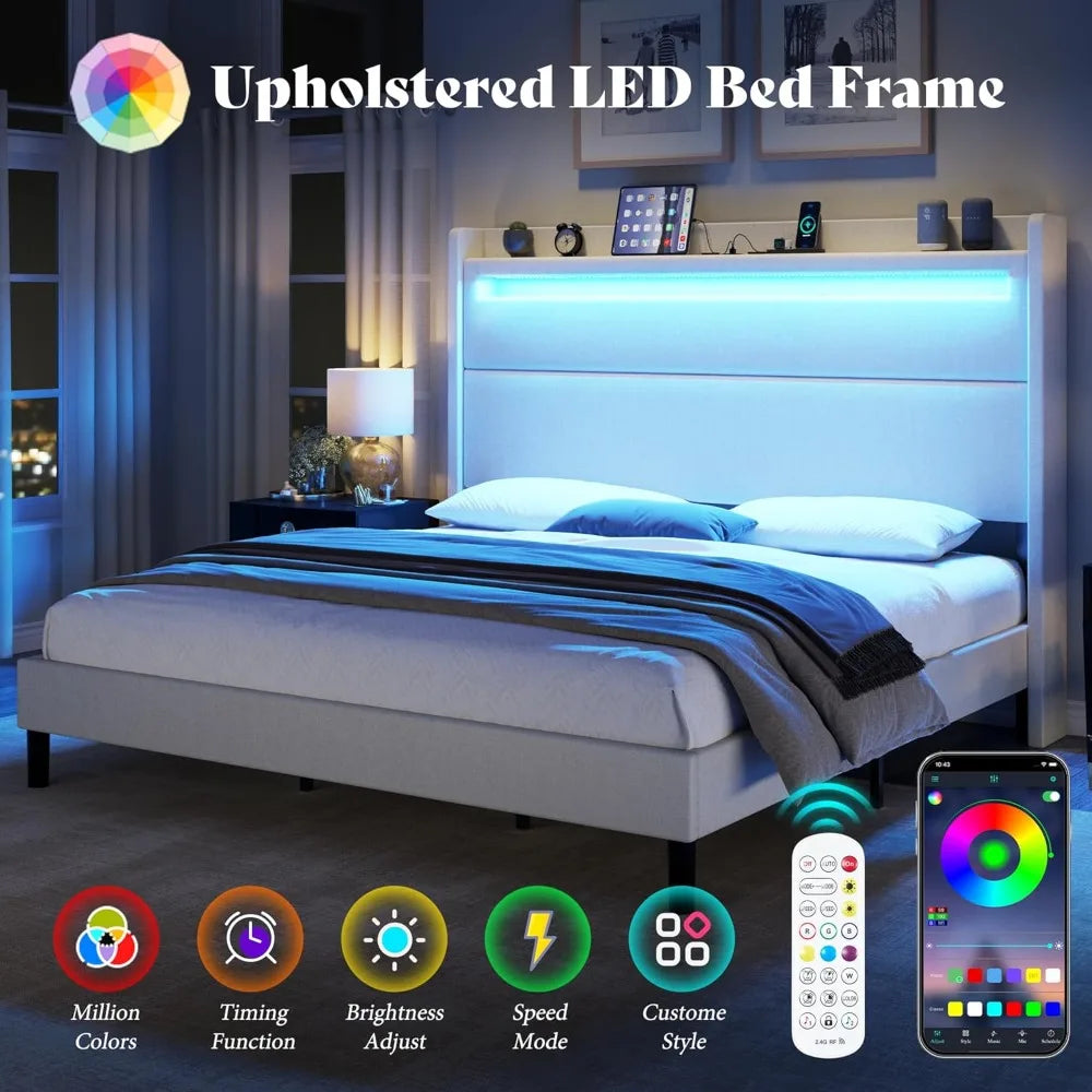 Bed Frame with LED Lights & Wingback Headboard, Upholstered Platform Bed with USB & USB-C Ports, No Box Spring Nee Customized