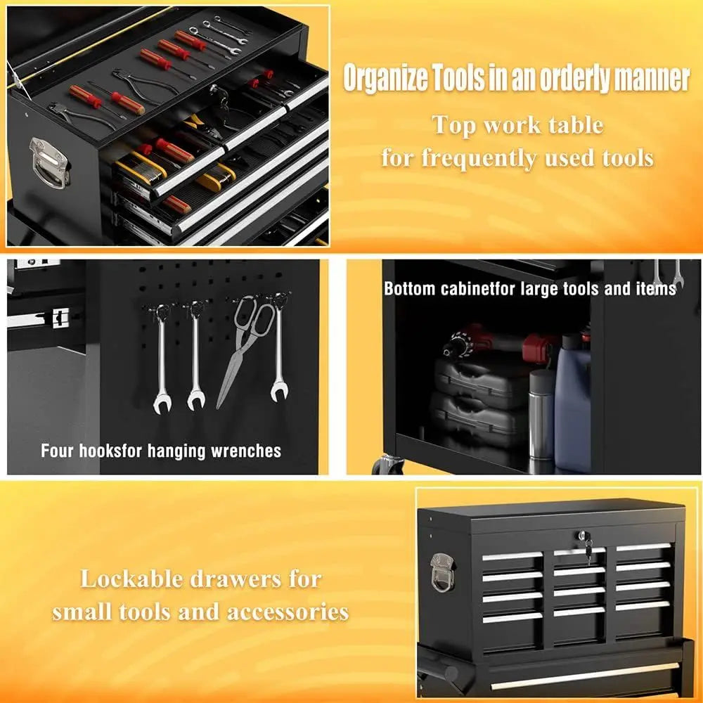 4-Wheel Portable Tool Chest with Lockable Top Box, 8-Drawer Storage for Garage and Warehouse (Stylish Black)