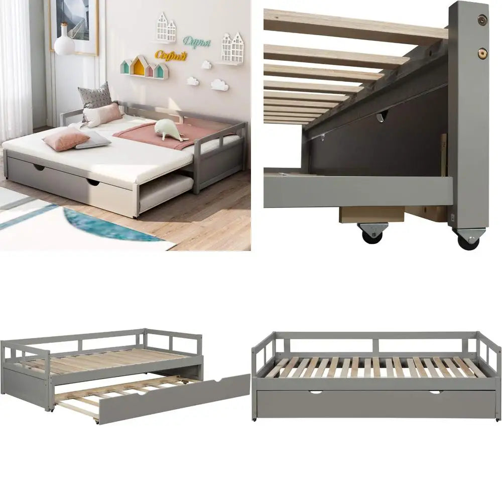 extendable daybed with trundle beds, wood daybed frame with pull out trundle, twin to king design extending daybed for kids girl