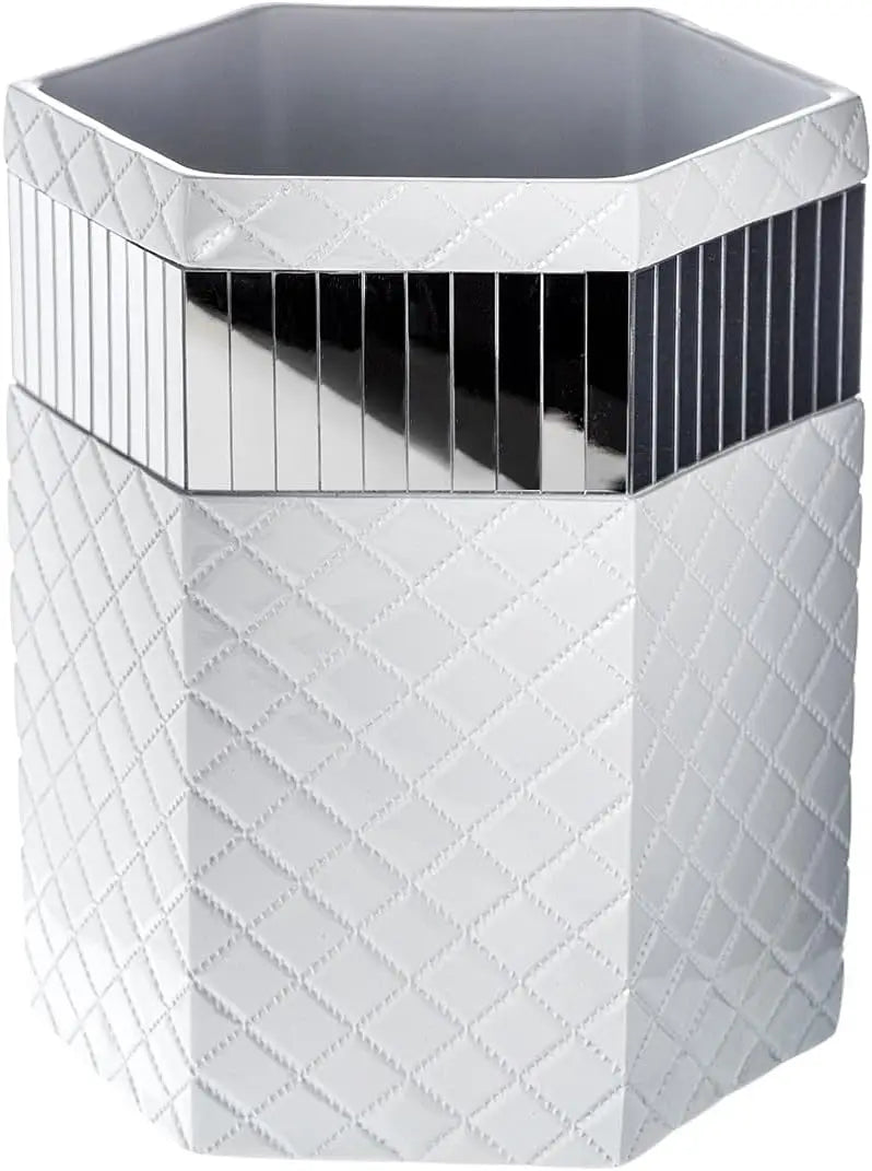 Elegant Quilted Mirror White Bathroom Set - 6-Piece Accessories with Trash Can, Tissue Box, Soap Dispenser, Holder & More