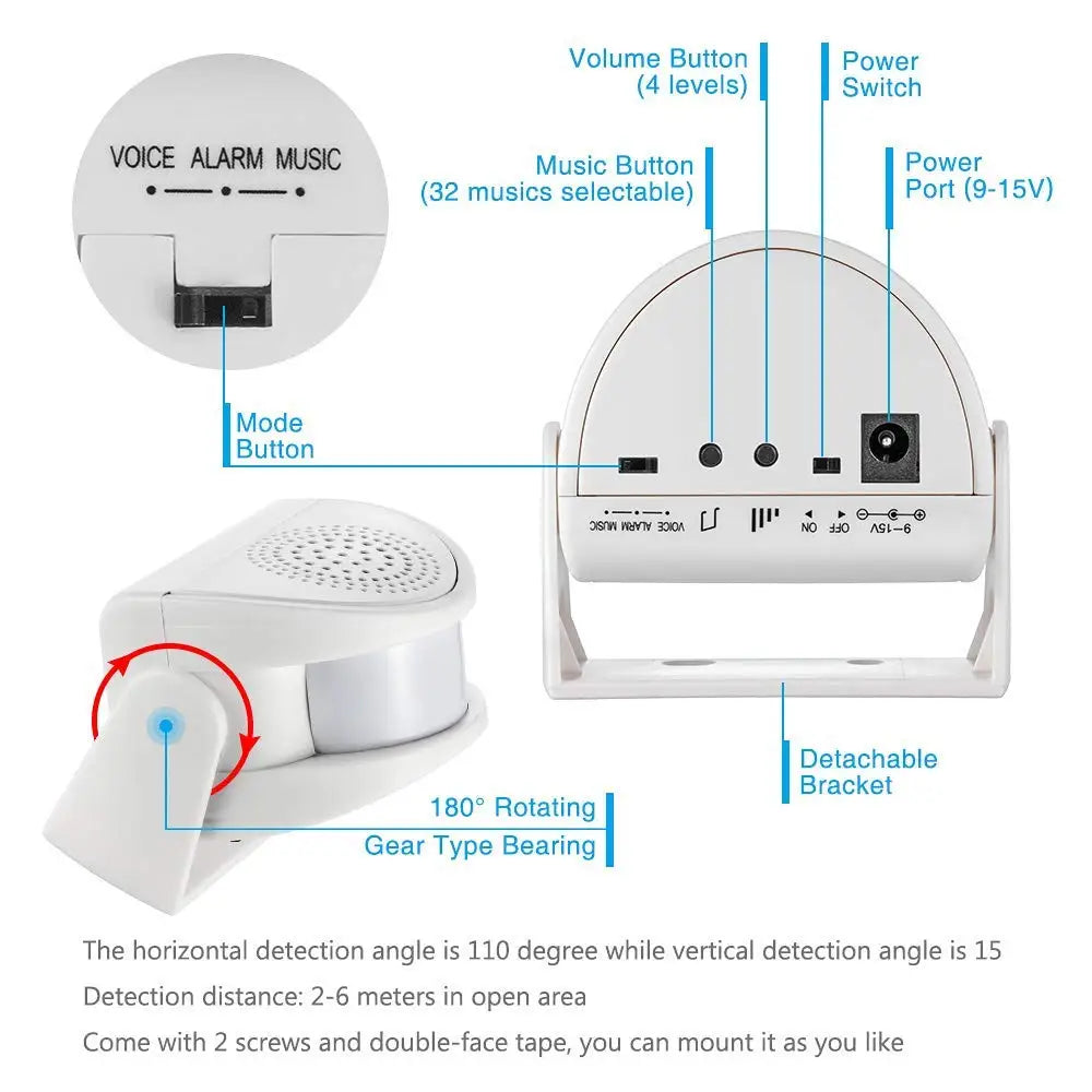 Infrared Motion Sensor, Music Alarm, Suitable for Guest Doorbell, Home Shop Hotel Welcome, Family Security System, Outdoor Use,