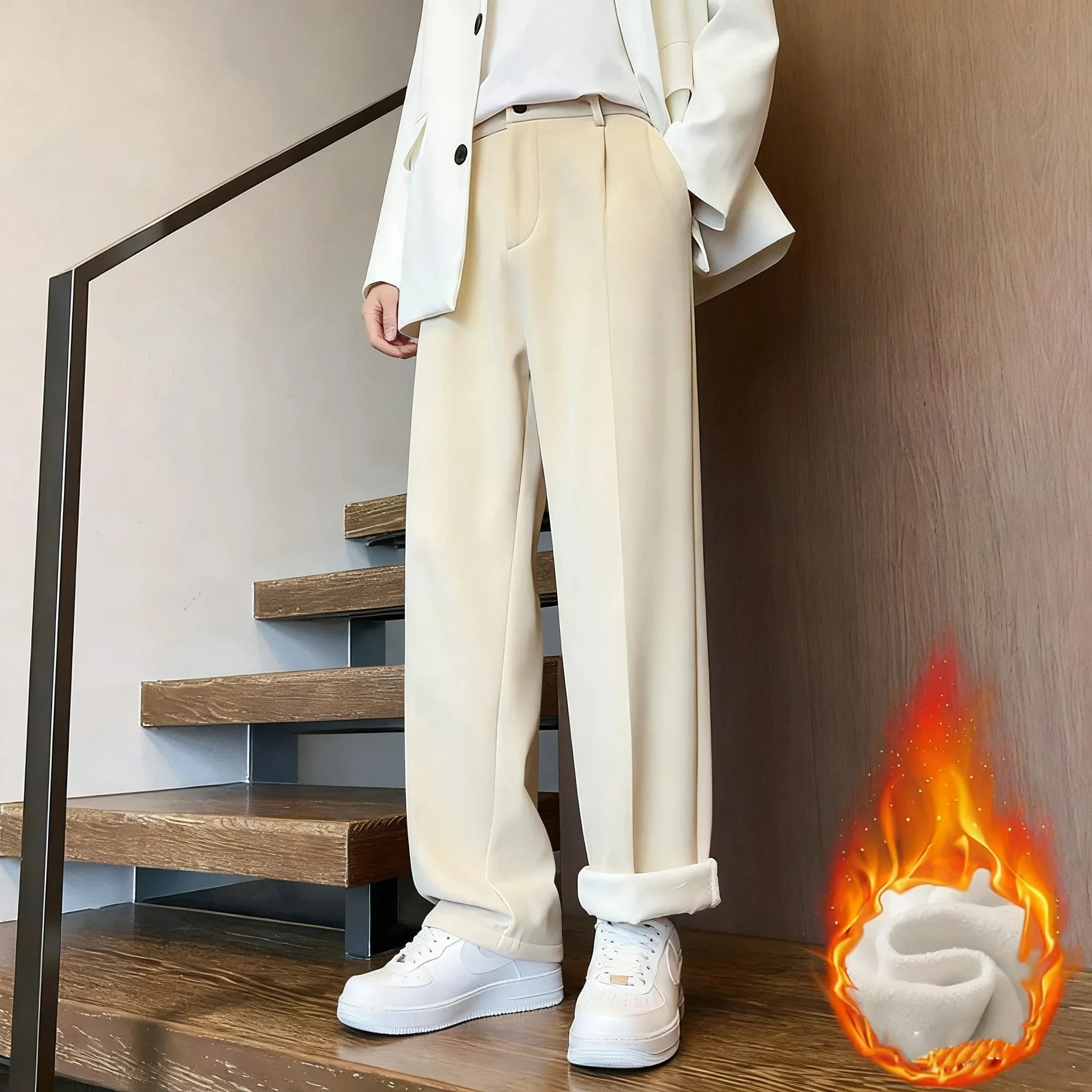 Men Autumn Winter Fleece Lined Trousers High Waisted Flannel Pants American Style Straight Wide Leg Bootcut Draping Men Pants