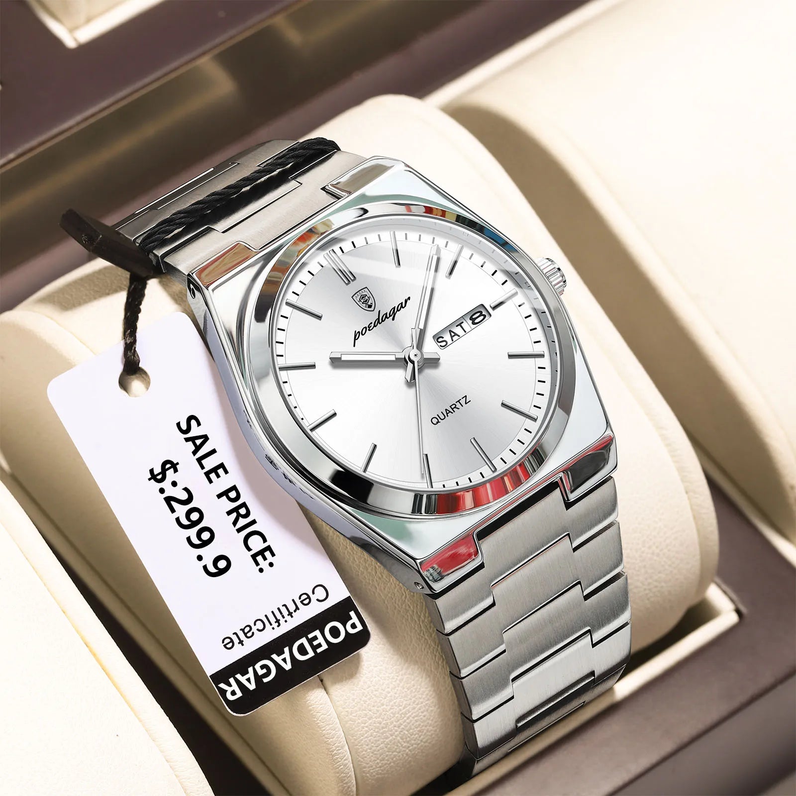 POEDAGAR Luxury Business Watches For Men Stainless Steel Waterproof Luminous Man Watch Date Week Quartz Fashion Men's Wristwatch