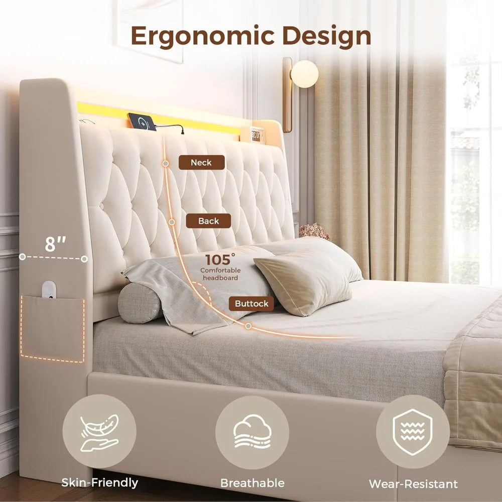 Velvet Upholstered Queen Bed Frame with Storage Drawers and Hidden Headboard, Platform Bed with Charging Station and Button Tuft
