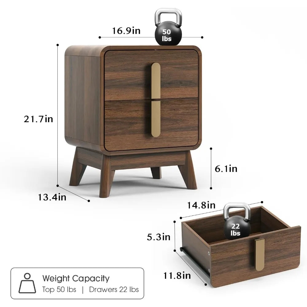 Pair of Mid-Century Modern Nightstands with Drawers, Metal Handles, and Curved Brown Profiles for Storage