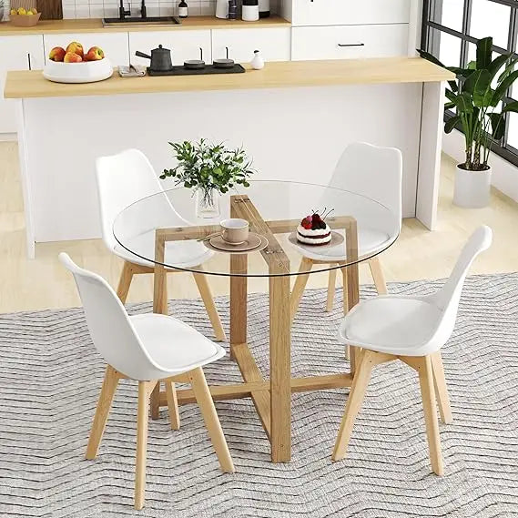 Tangkula 42-inch Round Glass Dining Table with 4-6 Seating Capacity, 0.3-inch Thick Tempered Glass Top, and 4 Upholstered Chairs