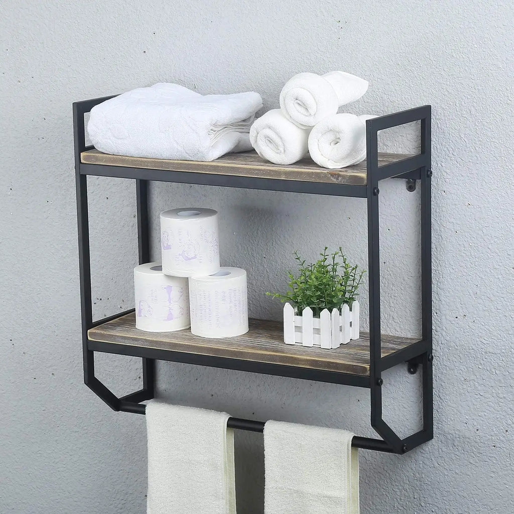 2-Tier Black Towel Rack with Shelves, Wall Mounted Bathroom Storage Over Toilet, Rustic Floating Utility Holder