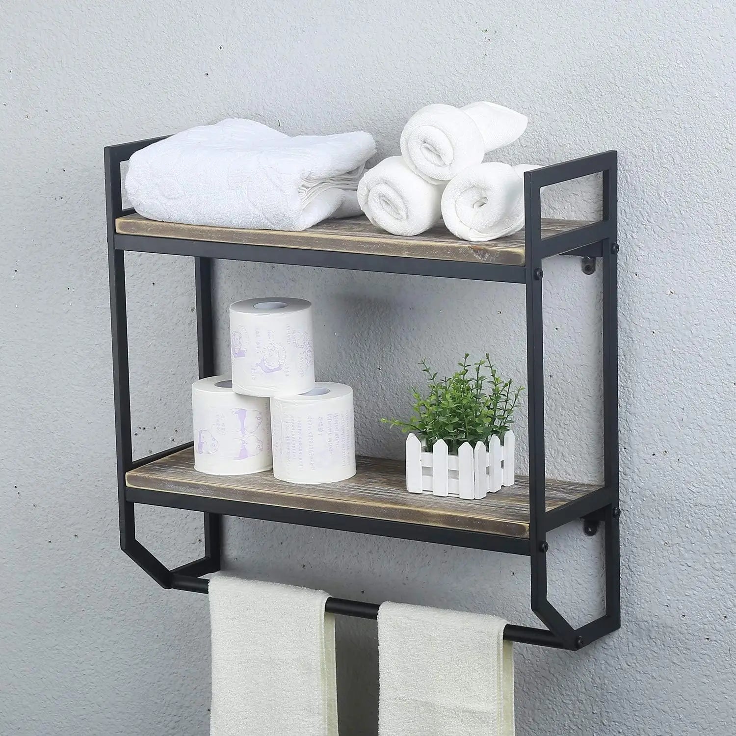 2-Tier Black Towel Rack with Shelves, Wall Mounted Bathroom Storage Over Toilet, Rustic Floating Utility Holder