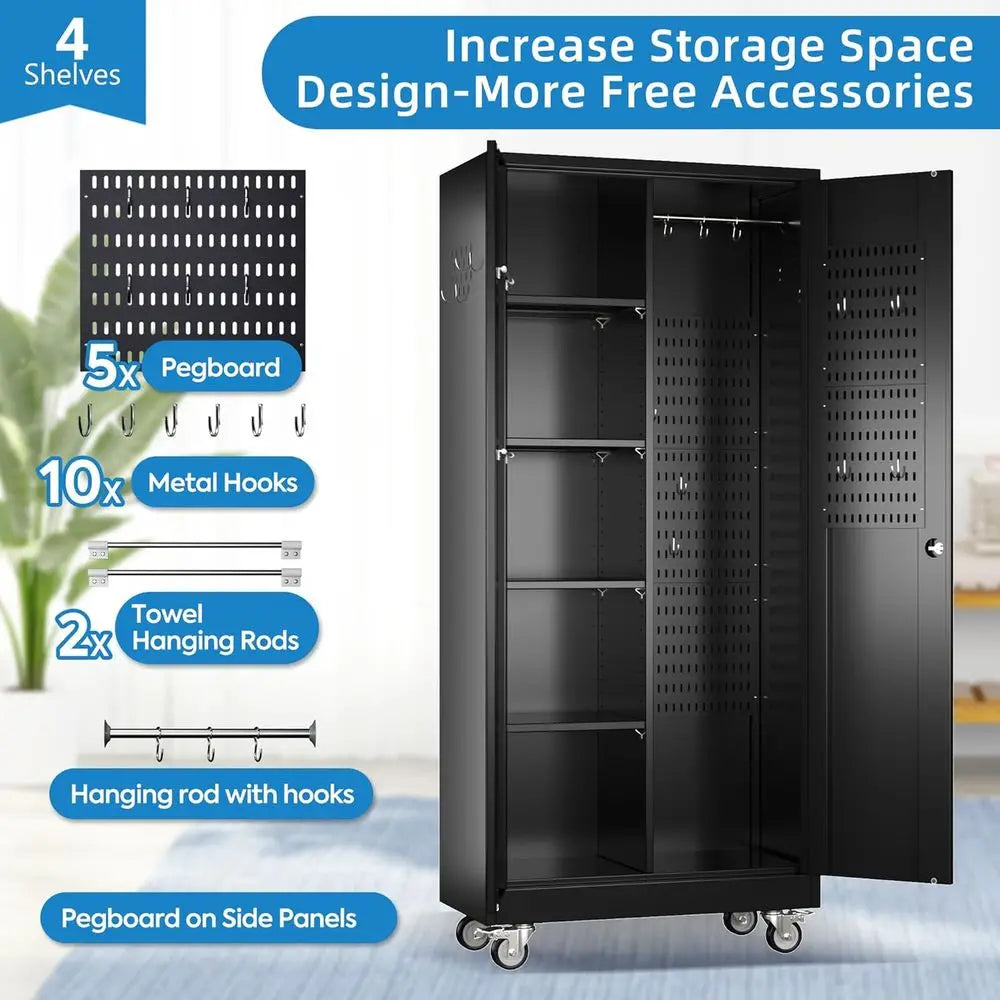 Black Rolling Garage Storage Cabinet with Adjustable Shelves and Lockable Metal Tool Cabinet, Including Pegboards Customized