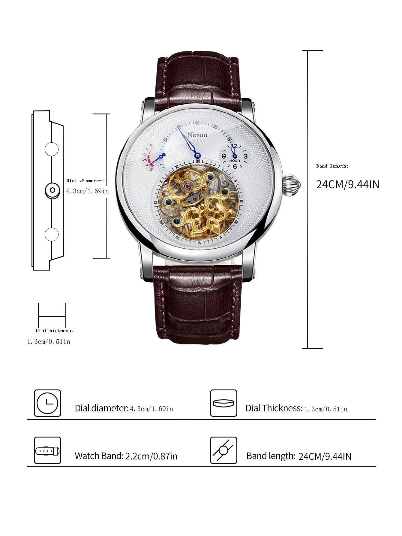 NESUN automatic mechanical men's watch, multi-functional luminous stainless steel classic business men's watch