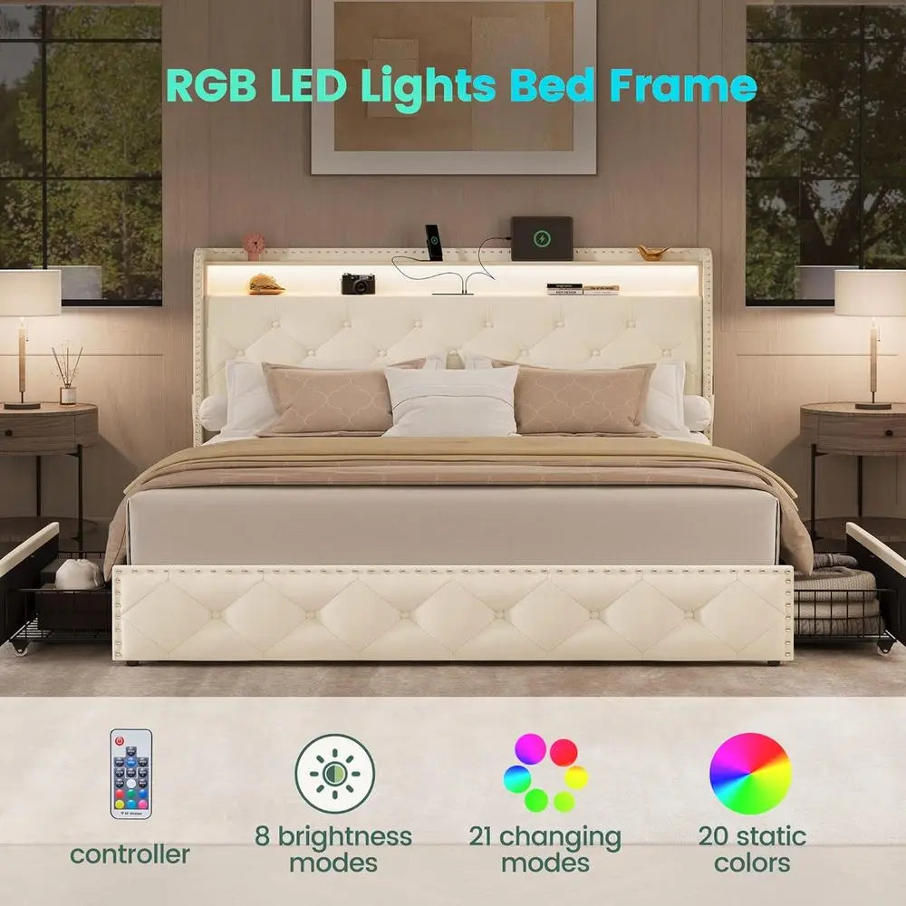 Queen LED Bed Frame with Storage Headboard and USB Charging Station, Velvet Upholstered Platform Bed Frame with 4 ，Customized