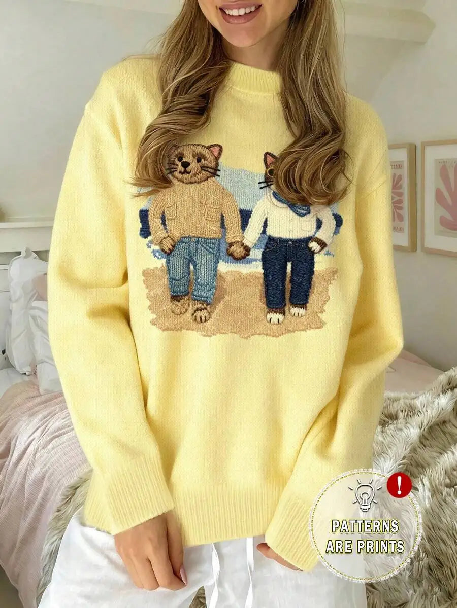 Navy Blue Collegiate Bear Print Pullover Sweater for Women, Autumn Winter Casual Style