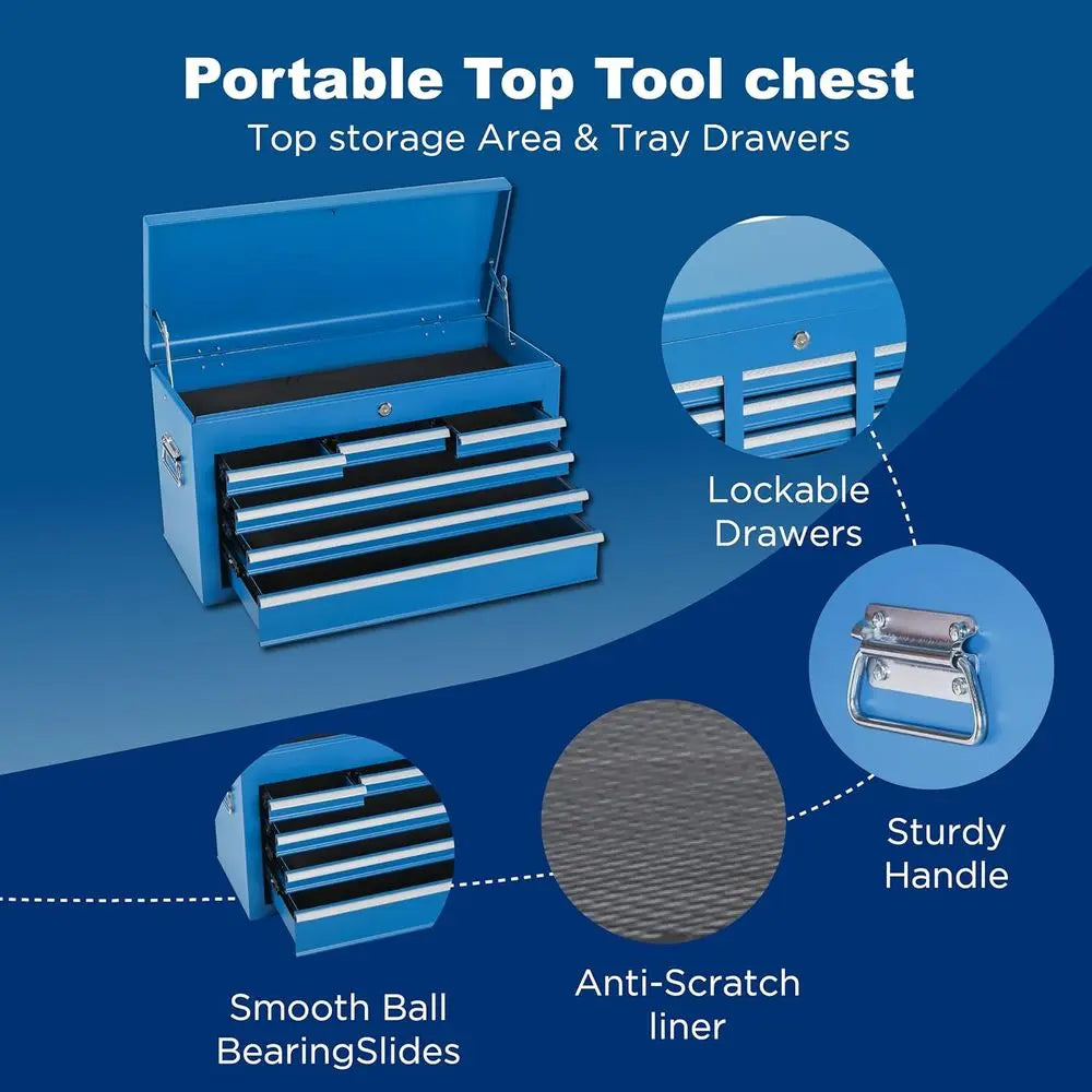 Heavy-Duty Blue 8-Drawer Rolling Tool Chest with Detachable Top Box, Lockable Drawers, Wheels, and Side Hooks for Garage Worksho