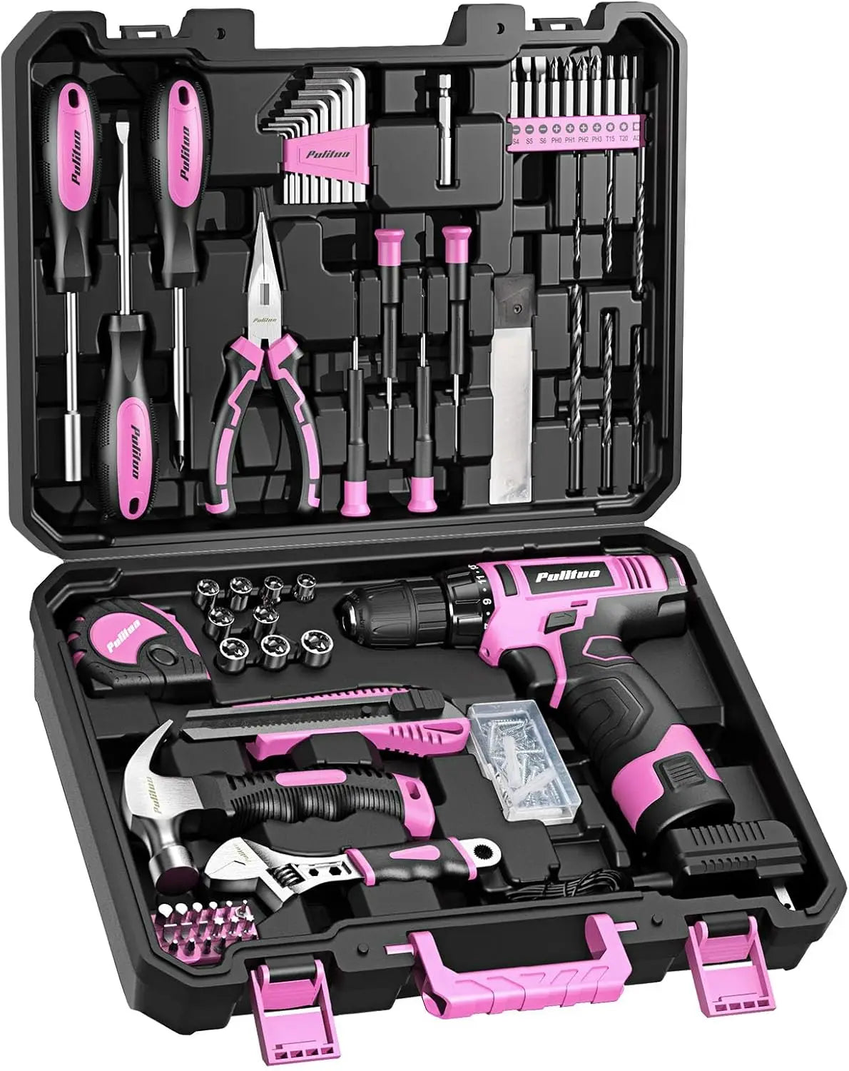 148-Piece Pink Cordless Drill Tool Set with 12V Electric Drill, Hand Tools & Storage Box for Home DIY Projects