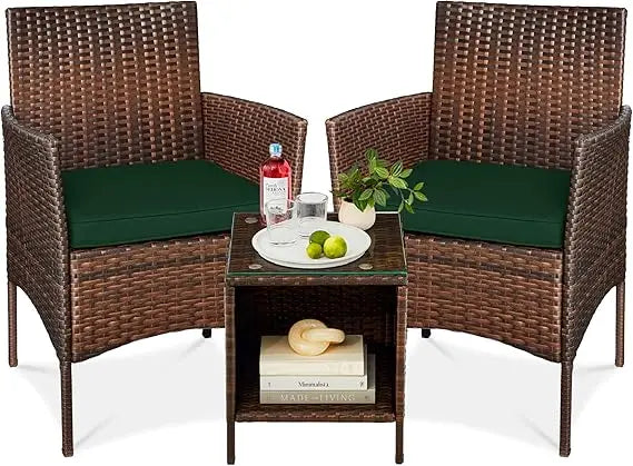3-Piece Outdoor Wicker Conversation Bistro Set, Space Saving Patio Furniture for Garden w/Side Table - Gray/Navy