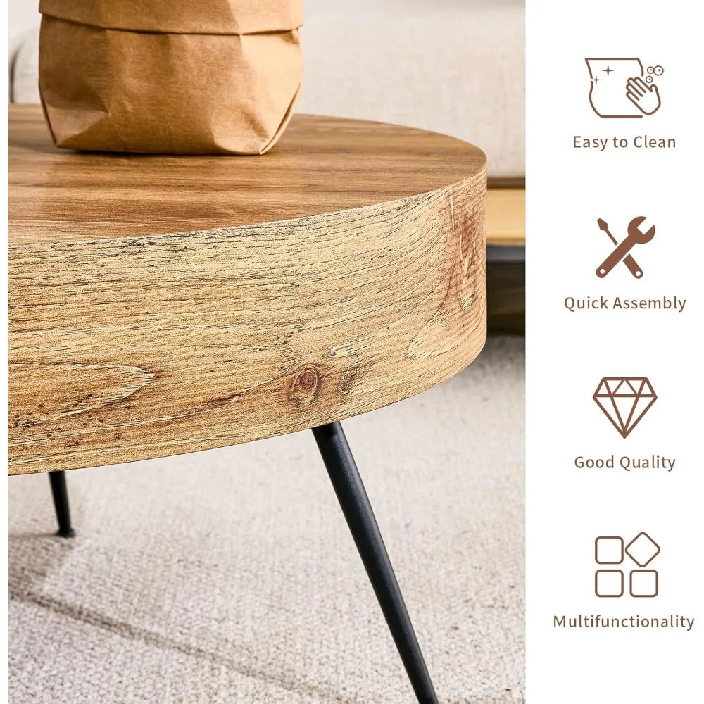 Coffee Table for Living Room, Round Wood Coffee Tables with Storage, Modern Metal Accent Center Tea Table for Apartment S