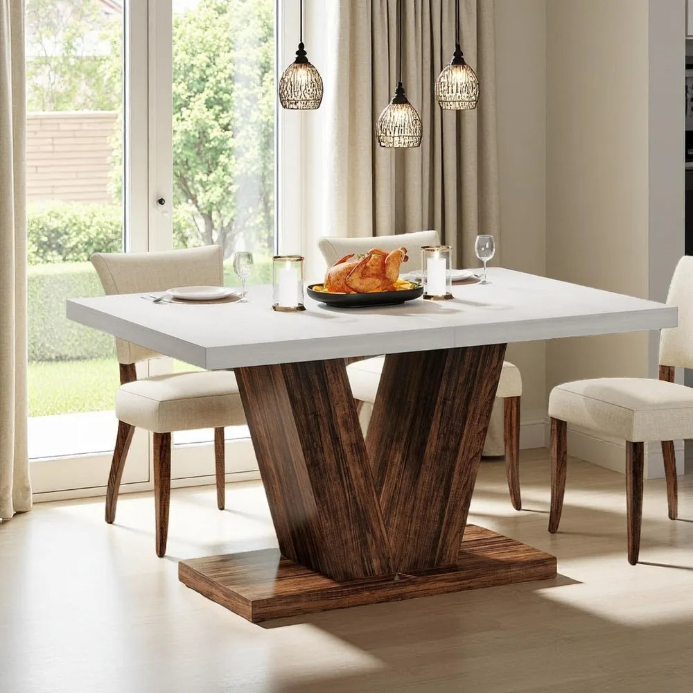 47 Inch Modern Farmhouse Dining Table with Heavy Duty Pedestal Base for 4, Rectangular Wooden Kitchen Table