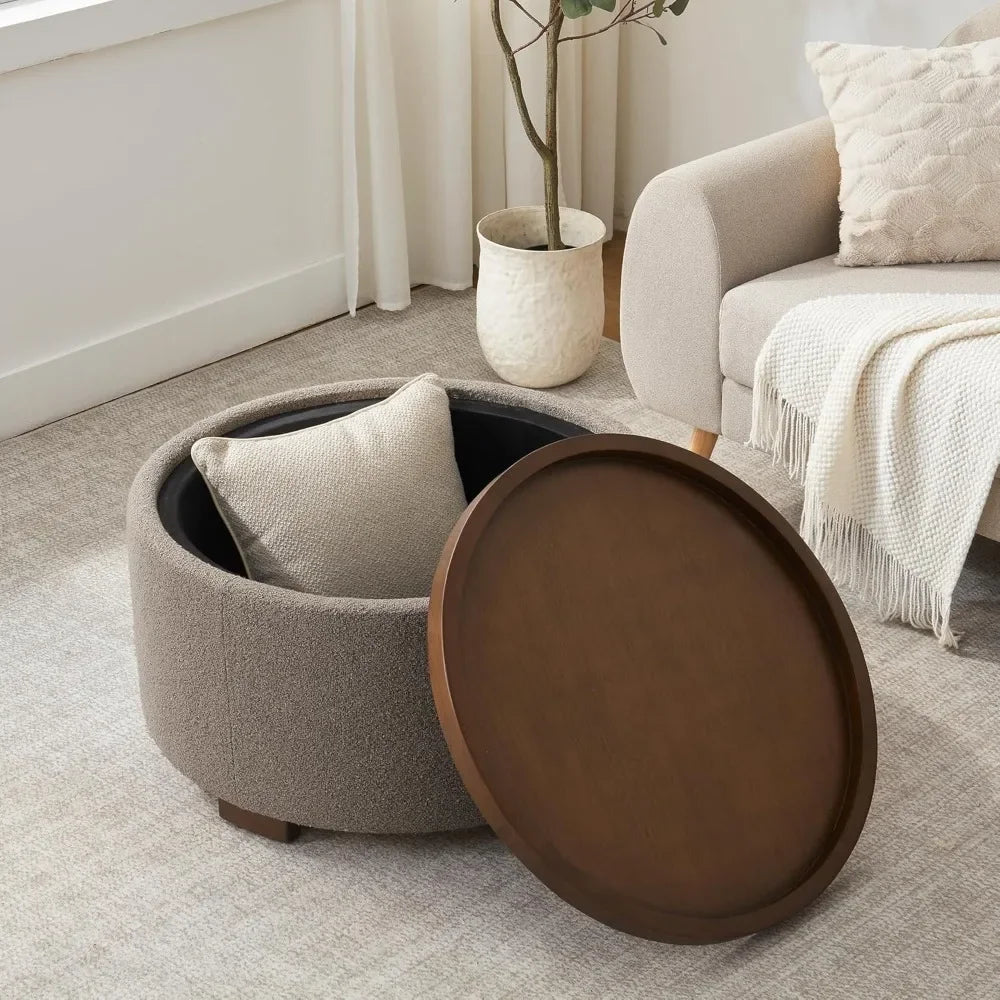 30 Inch Round Storage Ottoman Coffee Table, Modern Boucle Ottoman with Lift-Off Lid and Solid Wood Legs for Living ，Customized