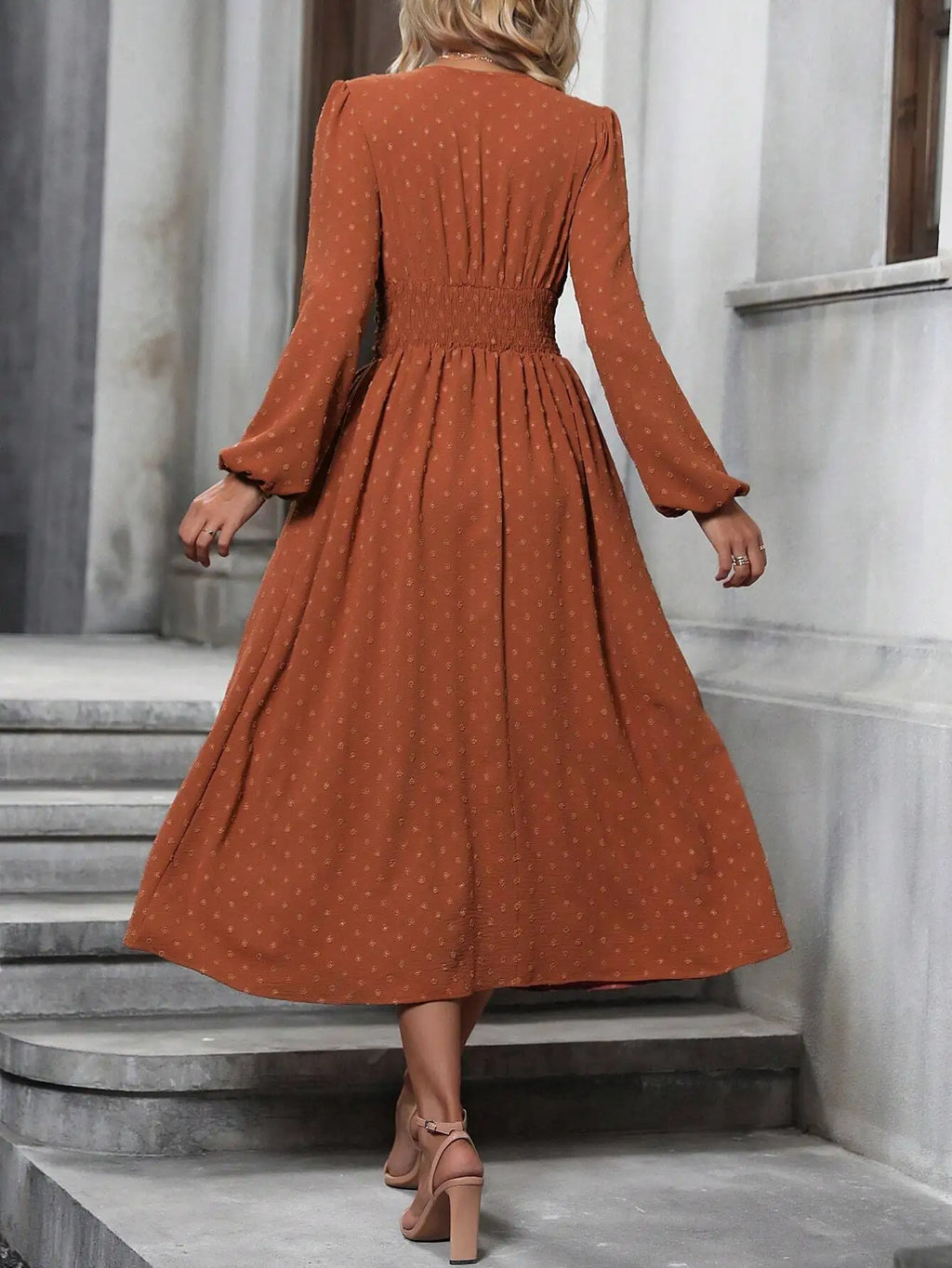 Rustic Orange Swiss Dot Surplice Neck Lantern Sleeve Ruched Waist Asymmetrical Midi Dress for Women