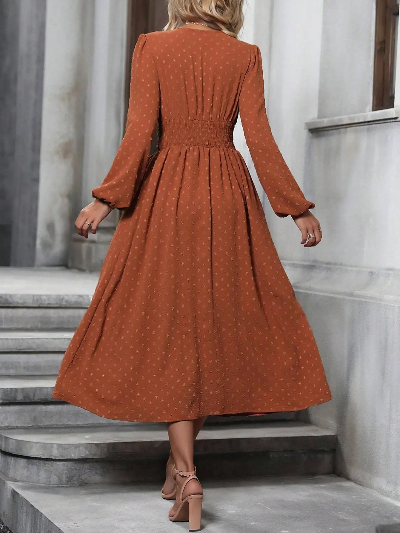 Rustic Orange Swiss Dot Surplice Neck Lantern Sleeve Ruched Waist Asymmetrical Midi Dress for Women