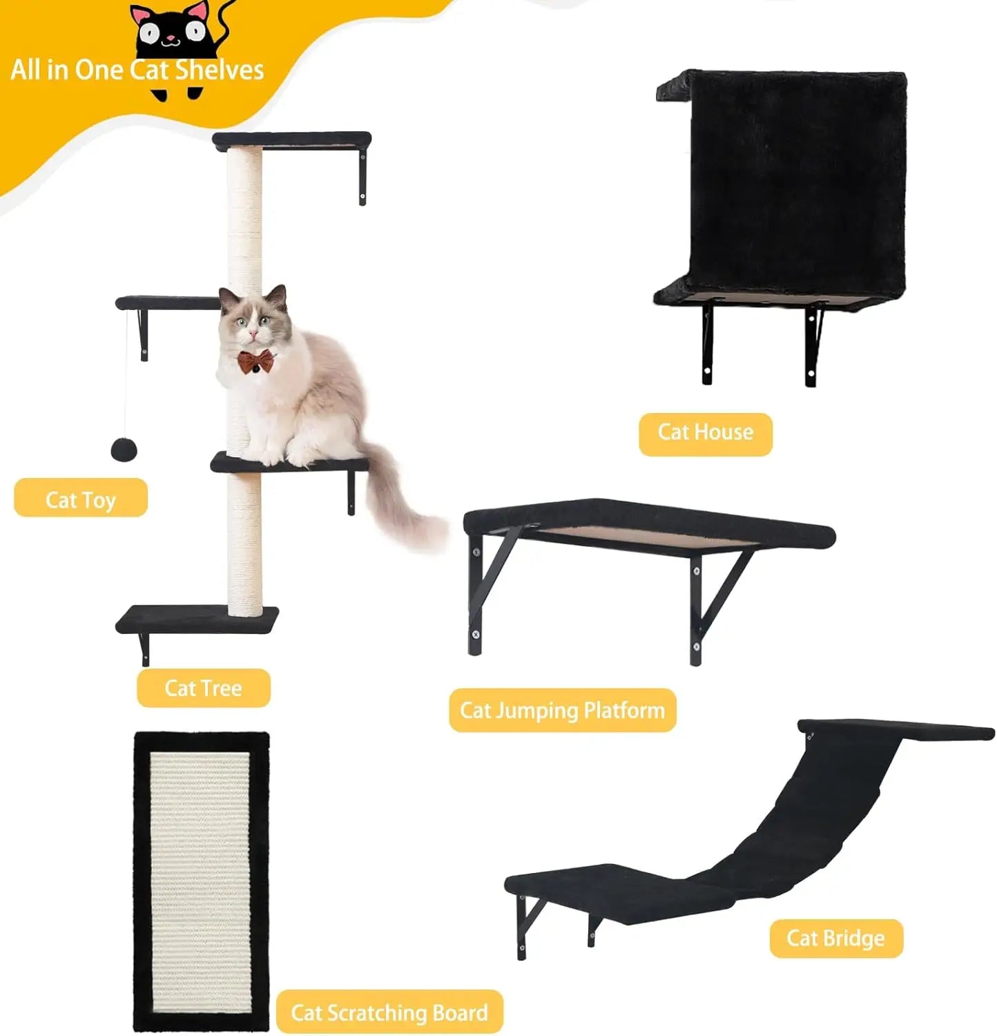 Wall-Mounted Cat Furniture Set - 5pcs Shelves with House, Bridge, Tree, Steps, Scratcher in Black