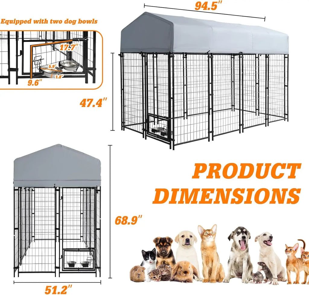 8x4x6 FT Outside Large Dog Kennel with roof - Outdoor Heavy Duty Welded Wire Steel Dog Playpen with Rotating Bowls, Dog Run