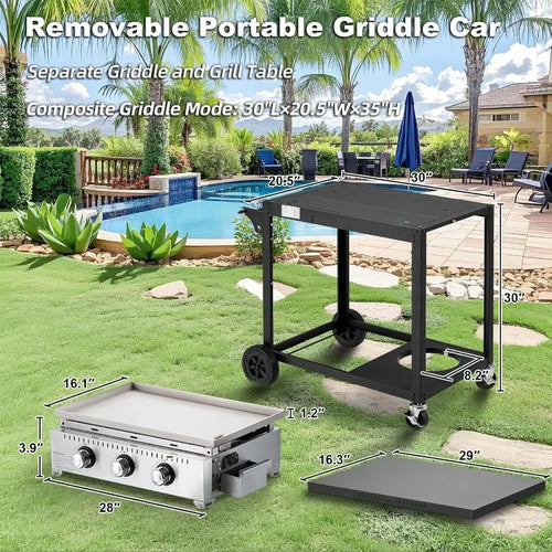 3 Burner 30000 BTU Outdoor Gas Griddle with Lid Portable Flat Top Griddle 28 Inch Heavy Duty Cast Iron Grill in Black with Bott