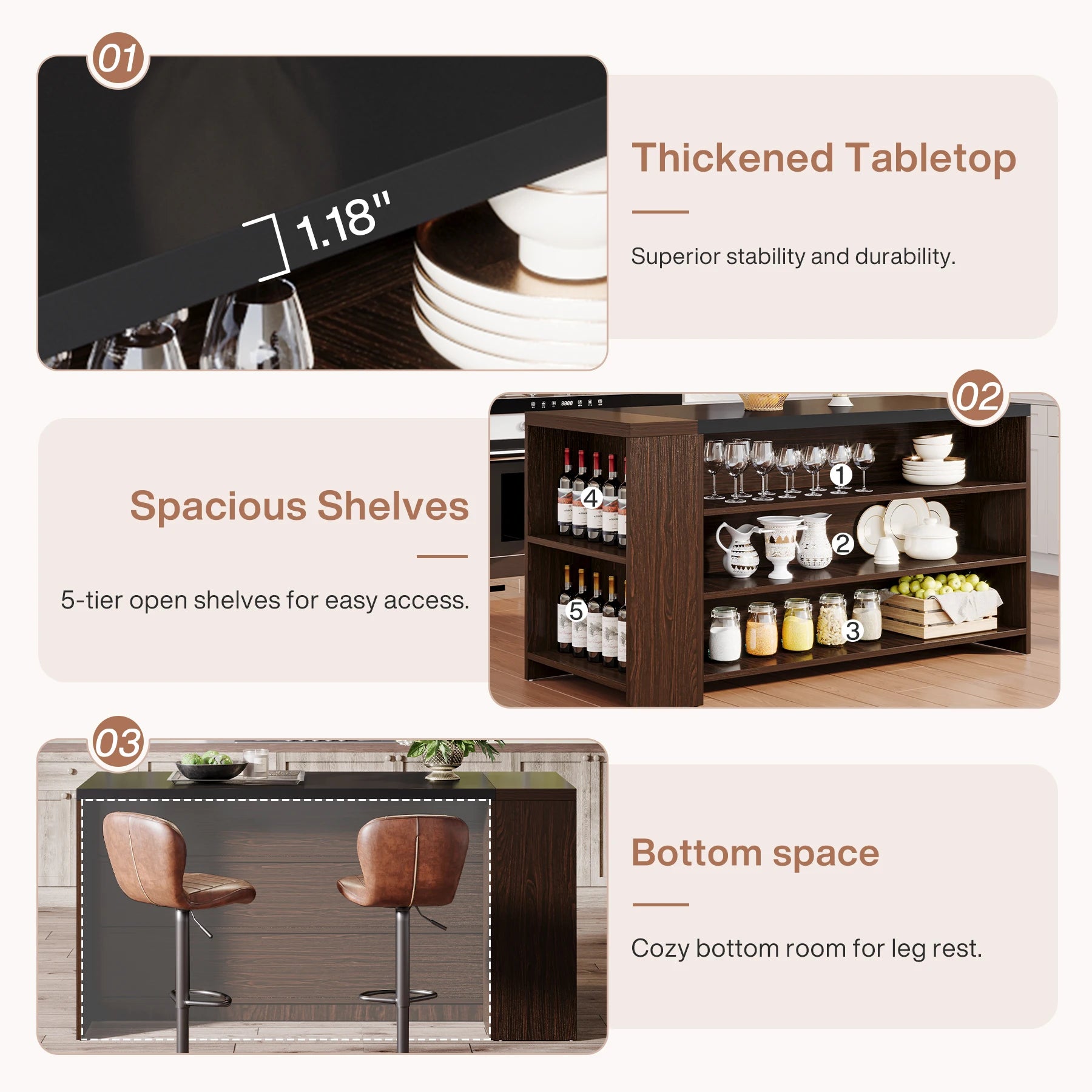 Tribesigns 55" Kitchen Island with Storage, Farmhouse 5-Tier Stationary Island Table with 5 Shelves, Wood Coffee Bar Table