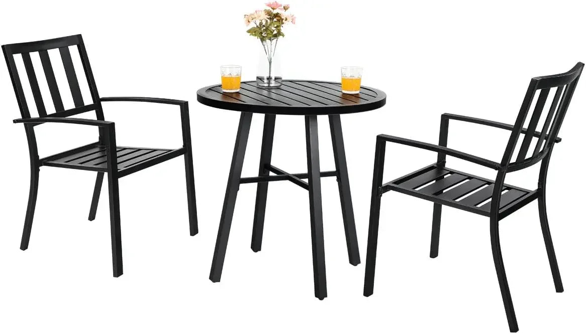 3 Piece Outdoor Patio Bistro Dining Set, Slatted Metal Round Table & 2 Patio Chairs, Outdoor Furniture Set for Porch