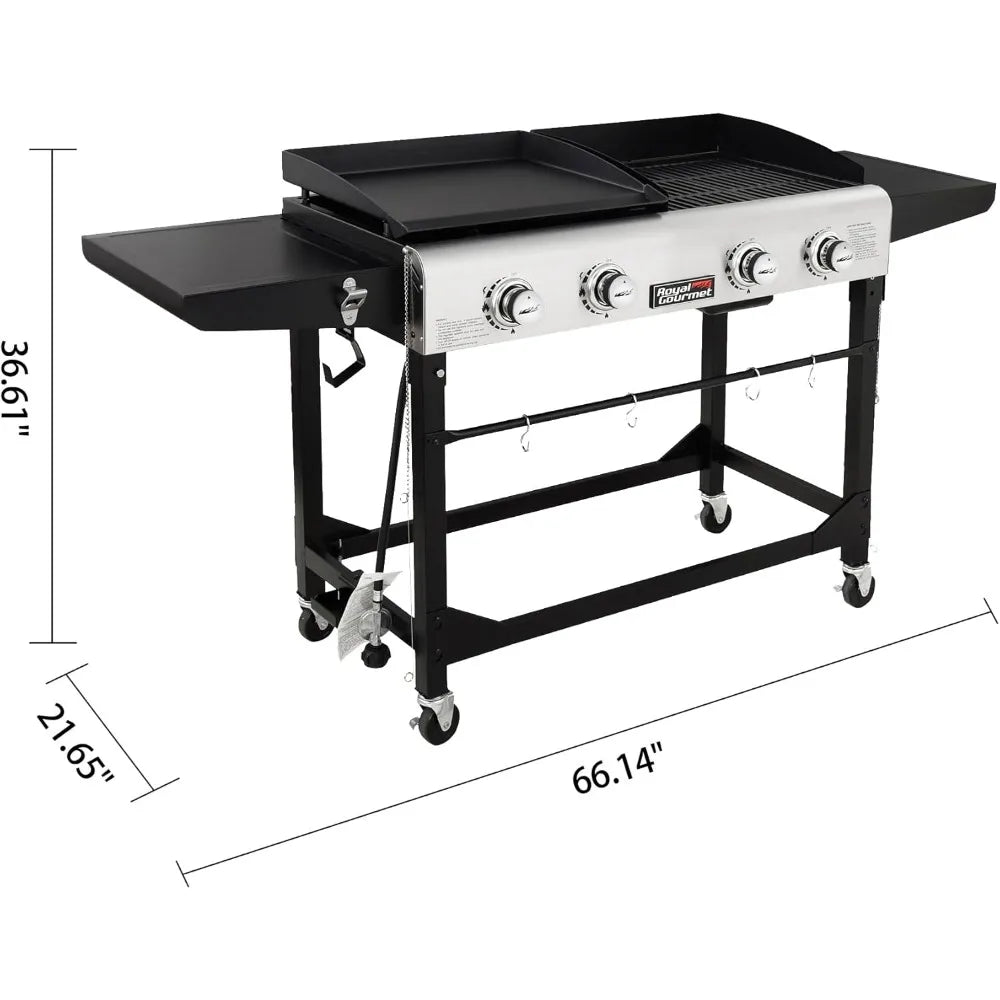 GD401C 4-Burner Propane Gas Grill and Griddle Combo with Cover, Griddle Grill Combo with 48,000 BTUs Output for Outdoor Cooking