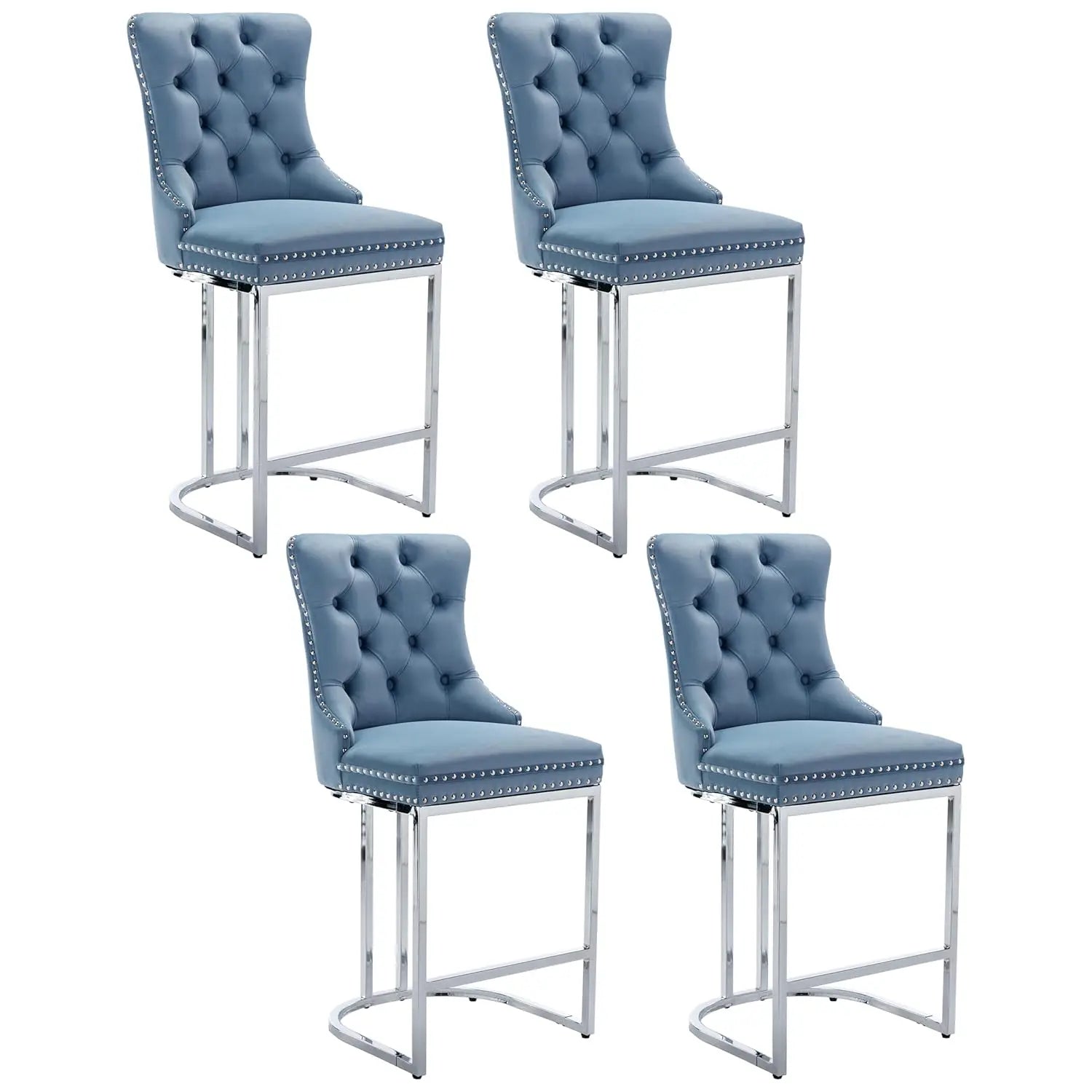 26” Velvet Upholstered Bar Stools Set of 4, Counter Height Bar Chairs with Button Back, Nailhead Rivet Trim, Chrome, Customized