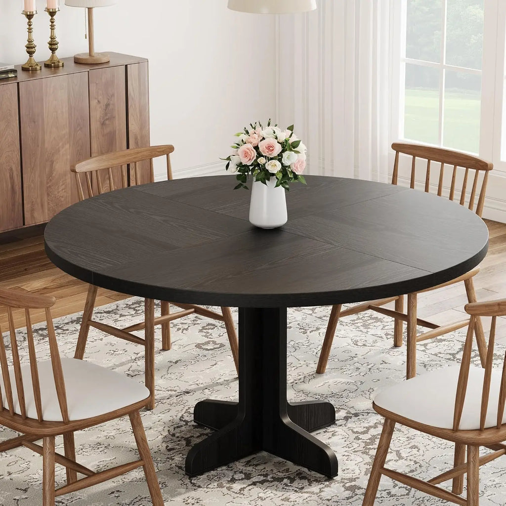 Round Dining Table for 4, 47 Inch Farmhouse Circle Kitchen Table with Wood Tabletop and Stable Base, for Home Dining Room Living