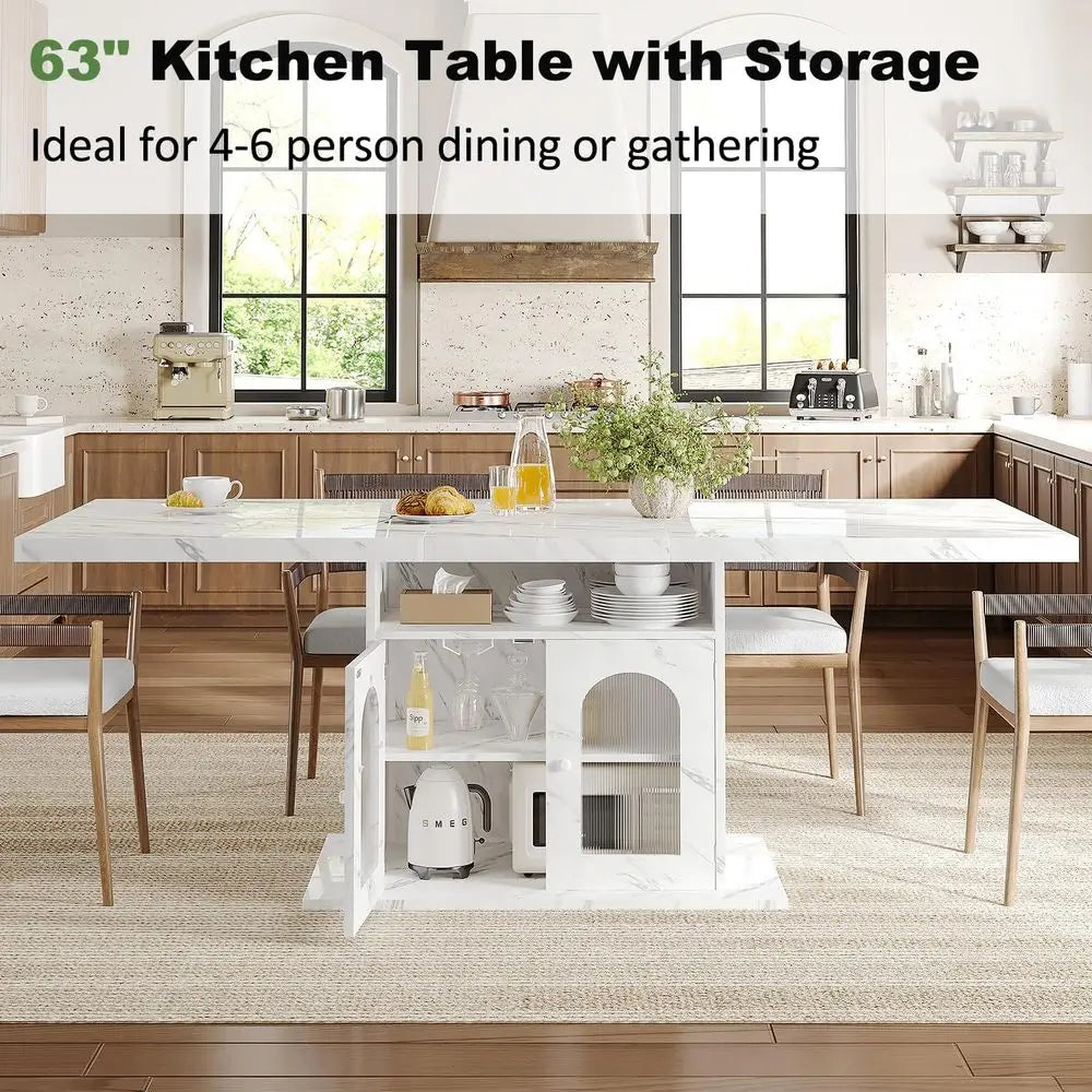 Modern 63 Dining Table for 4-6 with Storage Shelves & Acrylic Door Cabinet, White Marble-Look Rectangular Table for Home