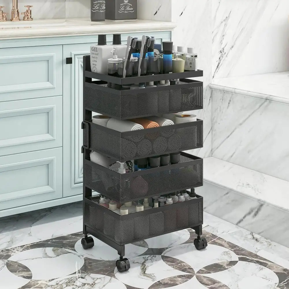 4-Tier Metal Fruit Basket with Rolling Kitchen Storage Rack, Sturdy Vegetable Shelf, and Bathroom Drawer Cart in Black
