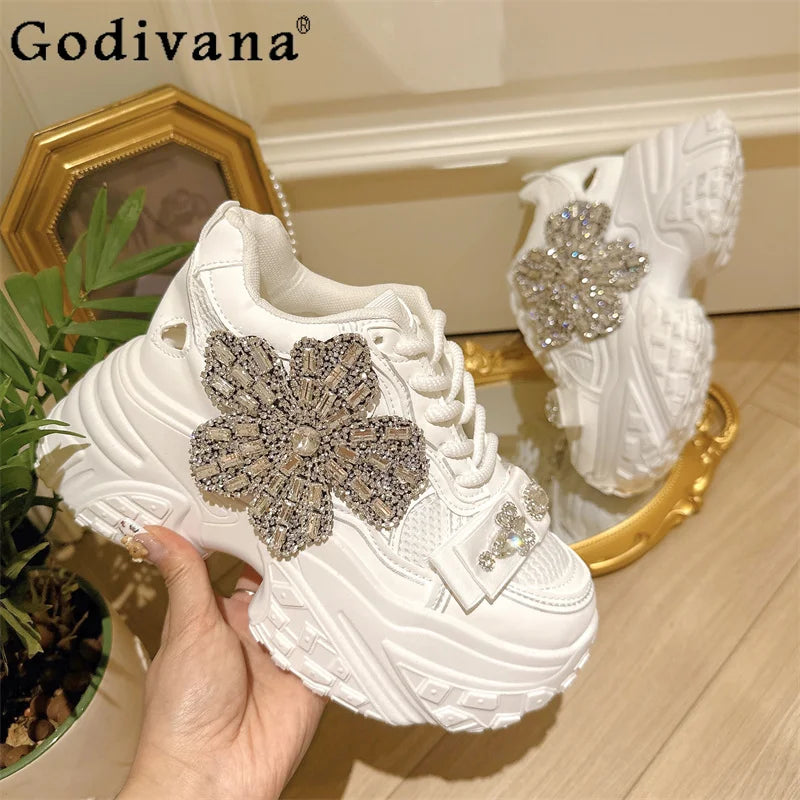 Thick Soled Mesh Rhinestone Chunky Sneakers for Women New Lace Up Height Increasing Shoes Female Japanese Style Casual Sneakers