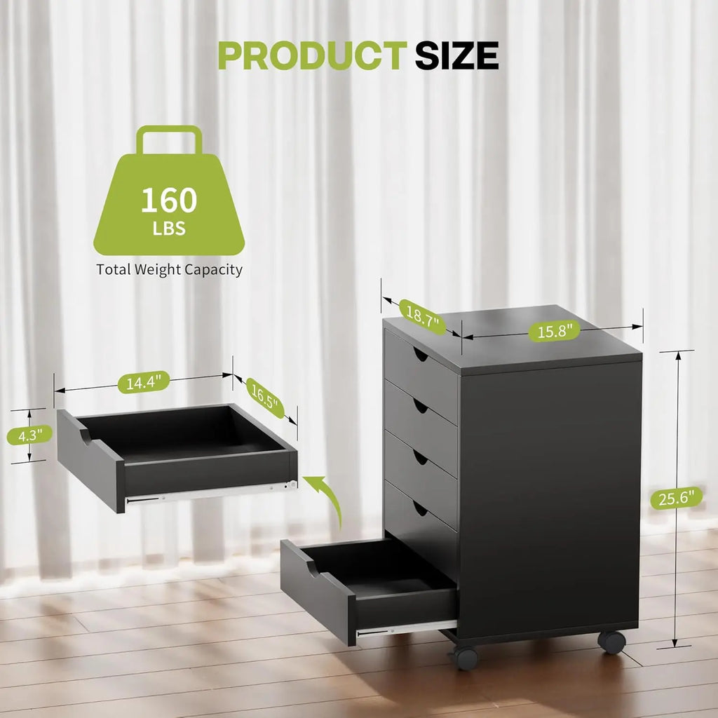 5-Drawer Mobile Storage Cabinet with Wheels, Black Office Dresser for Home Organization