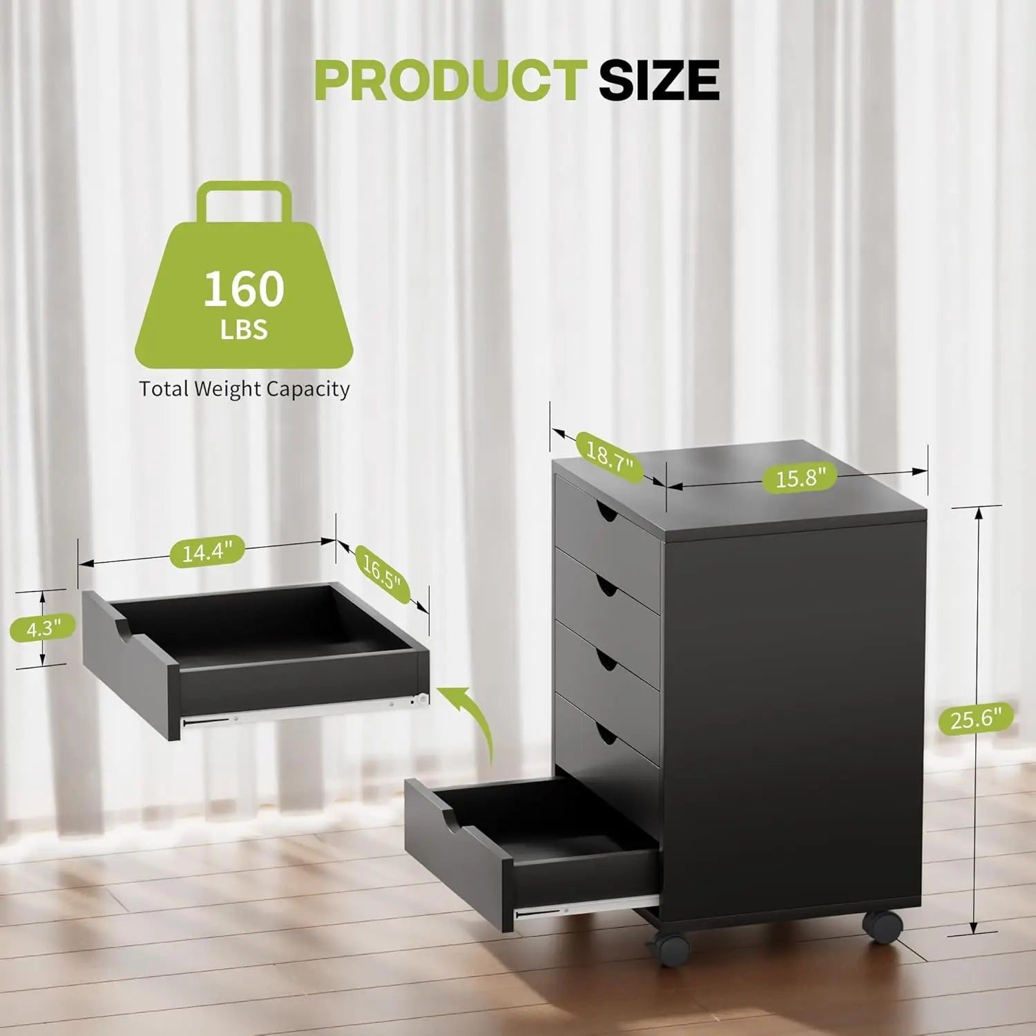 5-Drawer Mobile Storage Cabinet with Wheels, Black Office Dresser for Home Organization